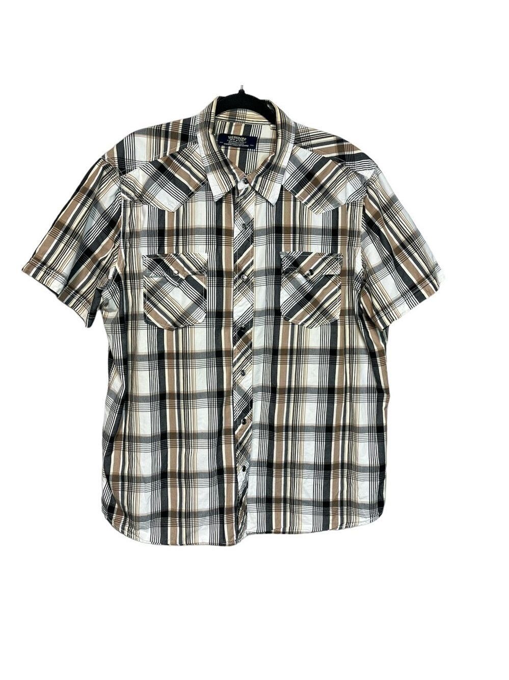 Levi’s Signature Brown & Beige Plaid Snap Front Short Sleeve Western Shirt, XL